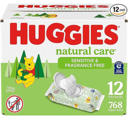 Huggies Natural Care Sensitive Baby Wipes, Unscented, Hypoallergenic, 99% Purified Water, 12 Flip-Top Packs (768 Wipes Total), Packaging May Vary