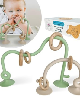 Silicone and Wood Table Top Toy and Teether, Montessori Educational Toys for Infant Toddlers, High Chair Toys with Suction Cups, Silicone Teething Toys for Babies (Olive and Beige)