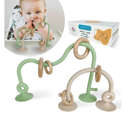 Silicone and Wood Table Top Toy and Teether, Montessori Educational Toys for Infant Toddlers, High Chair Toys with Suction Cups, Silicone Teething Toys for Babies (Olive and Beige)