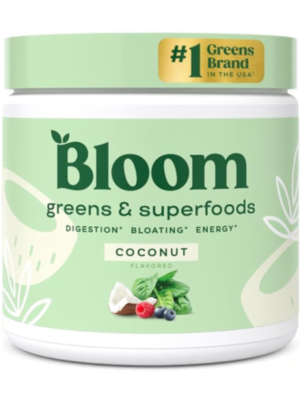 Bloom Nutrition Greens and Superfoods Powder for Digestive Health, Greens Powder with Digestive Enzymes, Probiotics, Spirulina, Chlorella for Bloating and Gut Support, Green Juice Mix, 30 SVG, Coconut