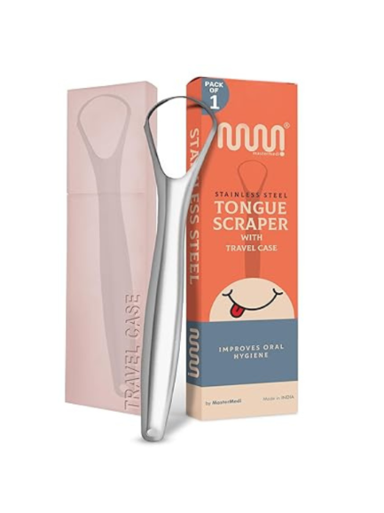 MasterMedi Tongue Scraper for Adults, 100% Stainless Steel Tongue Scrubber for Bad Breath, Easy to Use, Tongue Cleaner for Oral Care & Hygiene (SPTC-1|with Case)