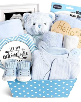 Baby Boy Gifts, Baby Shower Gifts – Newborn Bear Toys Rattle Blanket Infant Shoes Onesie Wooden Keepsake Babies Registry Gift Essentials Basket, Unique New Baby Gift Set for Boys