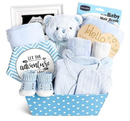 Baby Boy Gifts, Baby Shower Gifts - Newborn Bear Toys Rattle Blanket Infant Shoes Onesie Wooden Keepsake Babies Registry Gift Essentials Basket, Unique New Baby Gift Set for Boys