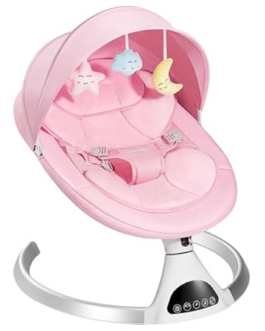 Electric Baby Swing, Portable Babies Swinger for Newborn Boy and Girls with 5 Swing Speed, Remote Control Music Speaker with 12 Lullabies, Enabled Bluetooth (Pink)