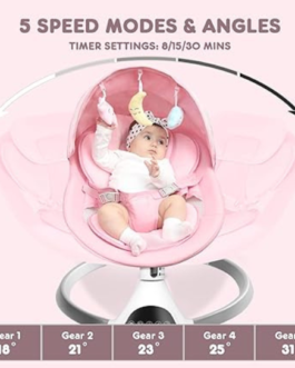 Electric Baby Swing, Portable Babies Swinger for Newborn Boy and Girls with 5 Swing Speed, Remote Control Music Speaker with 12 Lullabies, Enabled Bluetooth (Pink)